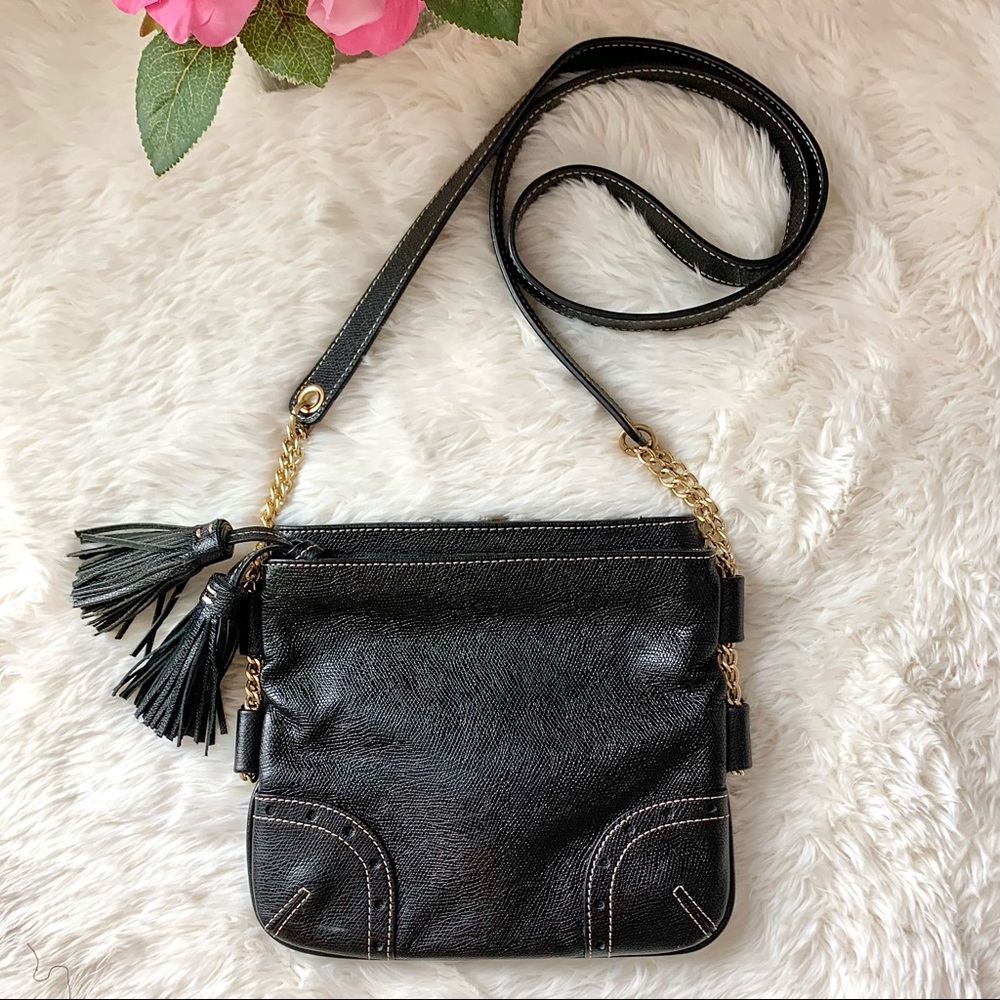 🔥SALE! Talbots Black Leather Crossbody Gold chain tassels